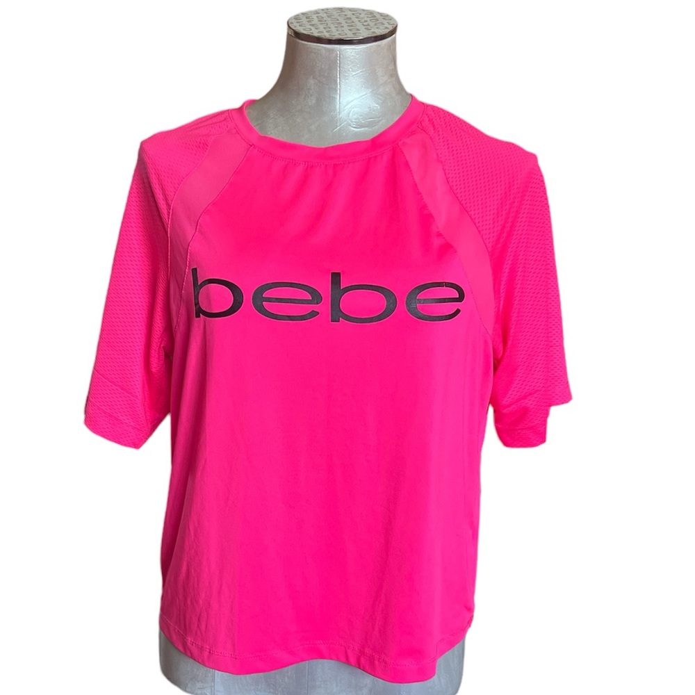 Bebe Women’s Athletic top with mesh detail neon pink with logo oversize …